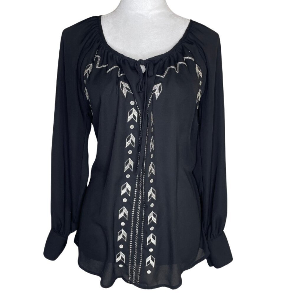 Takara Women's Peasant Embroidered Geometric Cottage Core Blouse Top M